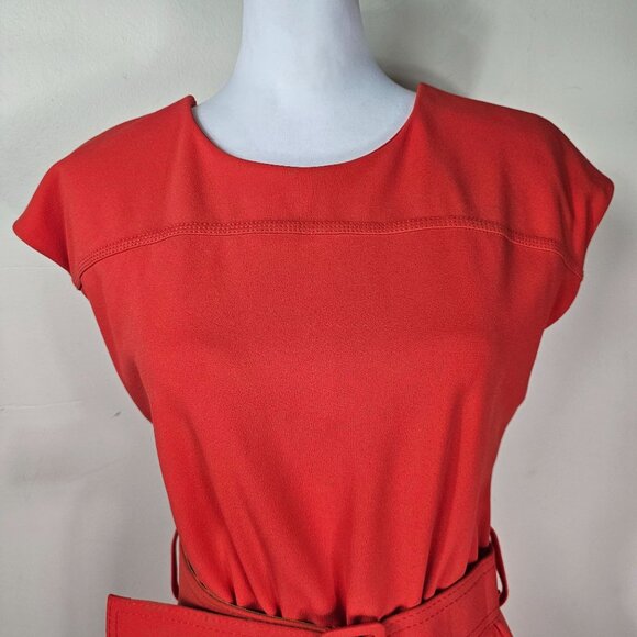Calvin Klein Red Belted Knee Length Dress Sz 6 Elastic Waist Stretch Cap Sleeve - Picture 4 of 13